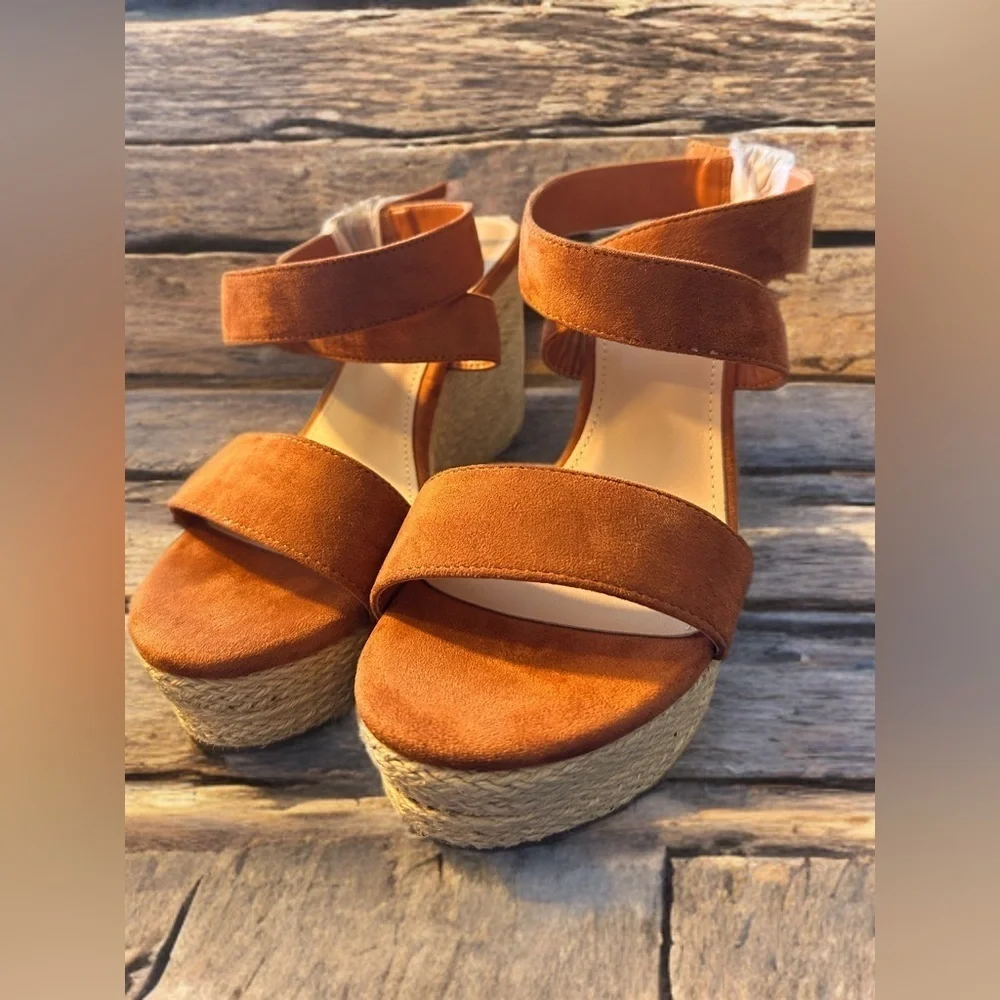 New Coutgo Women's Wedge Sandals Cross Strap Espadrille Platform Size 9 Brown
